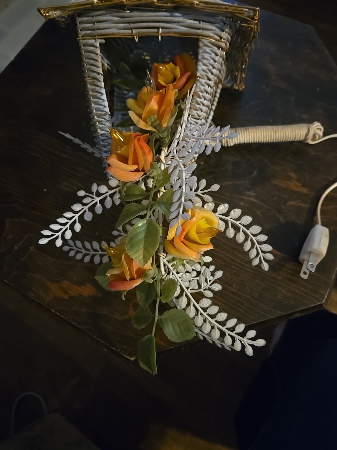 White Vinyl Wrapped Bird Cage Electrified Flower Arrangement Vintage White Roses