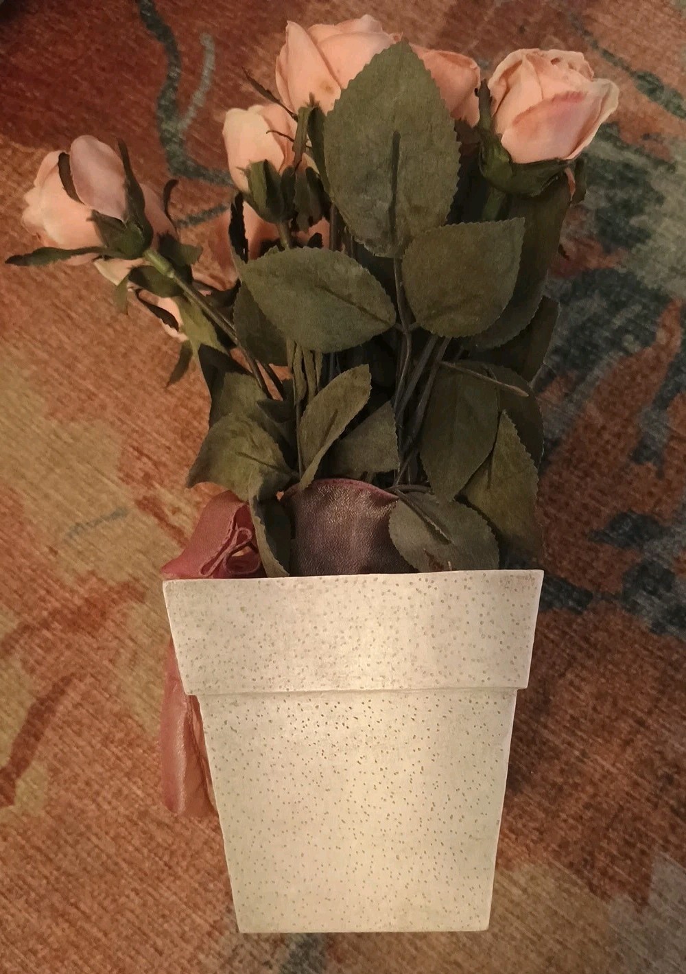 TOP DESIGNS Pink bud ROSES on stems in Resin Tan Rectangle planter FLORAL DECOR
