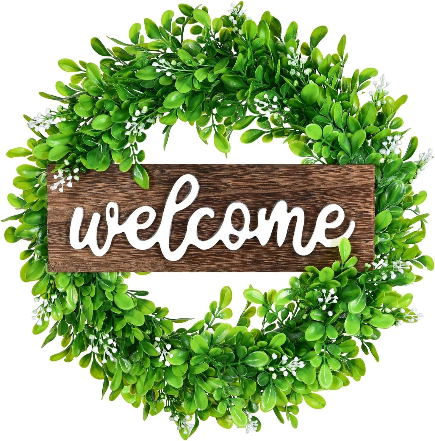 Lvydec Artificial Boxwood Wreath – 15″ Welcome Wreath with Wooden Welcome Sign