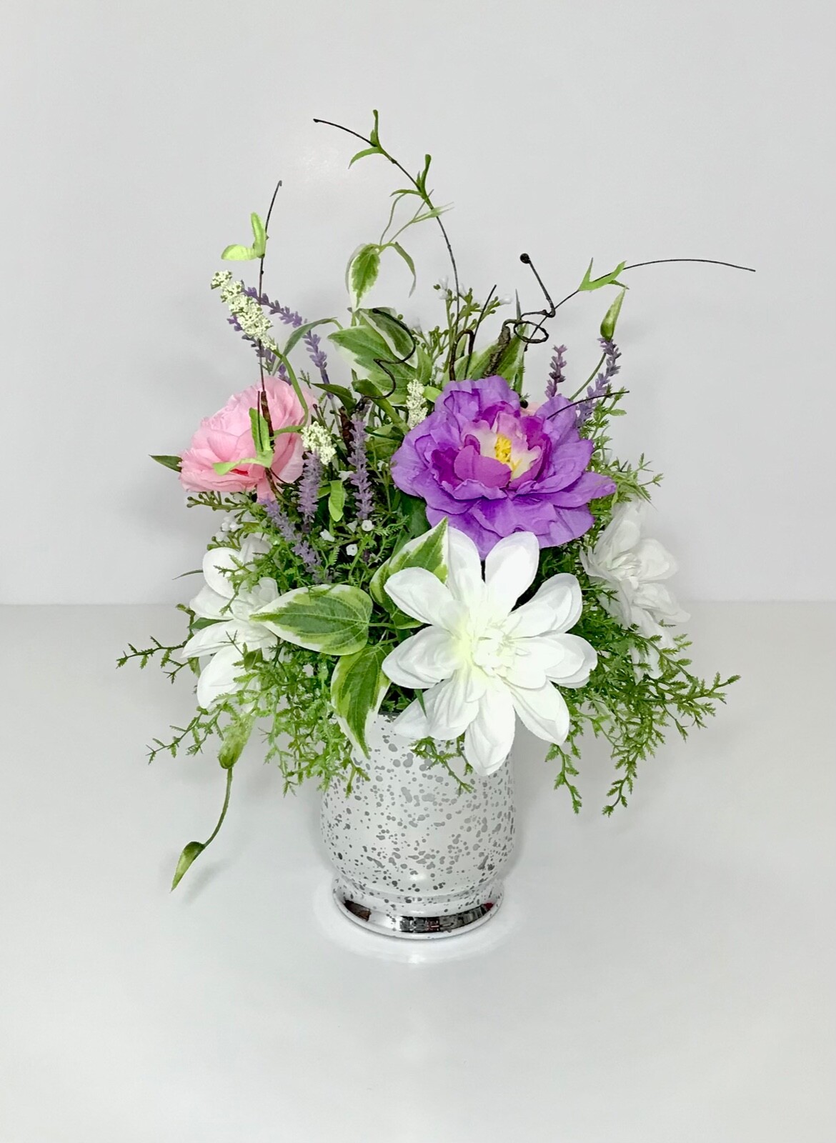 PINK PURPLE WHITE FLOWERS ARRANGEMENT MIRRORED GLASS VASE CENTERPIECE GIFT NEW