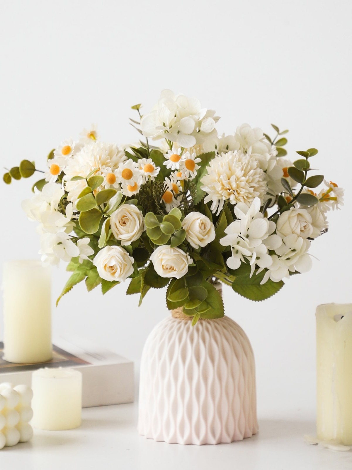 2pcs White Lifelike Artificial Flower Bouquet With Roses Hydrangea And Daisies