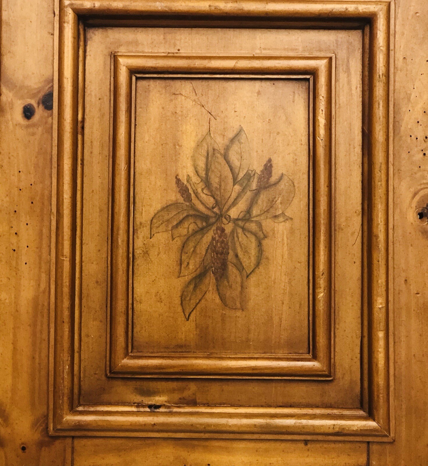 Magnolia Art -Leaves/Pods painted on Pine Door Panel Beautiful on easel or wall