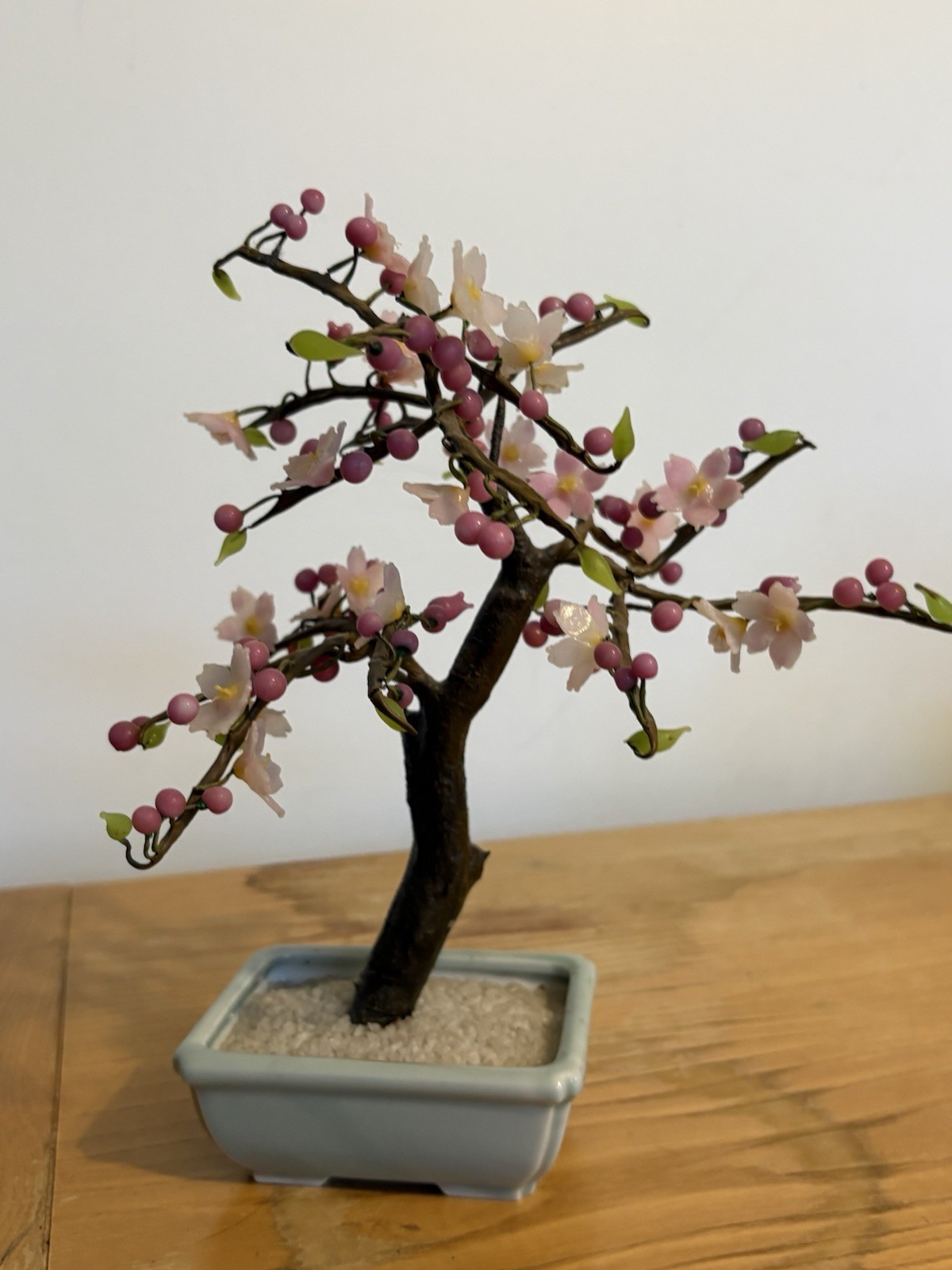 Vintage Cherry Blossom Bonsai Tree w/ Pink Blossoms & Berries Gray Planter