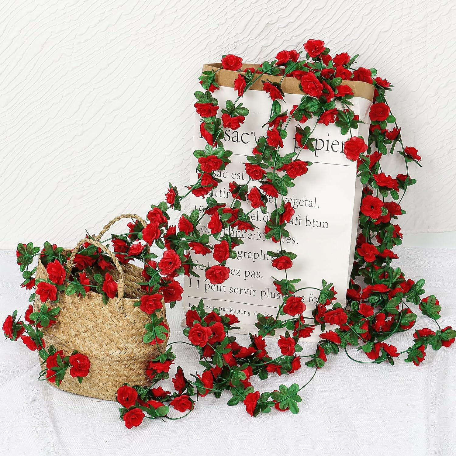 9 Pack 72 FT Artificial Flower Garland, Fake Red Roses Vines Silk Flowers Faux P