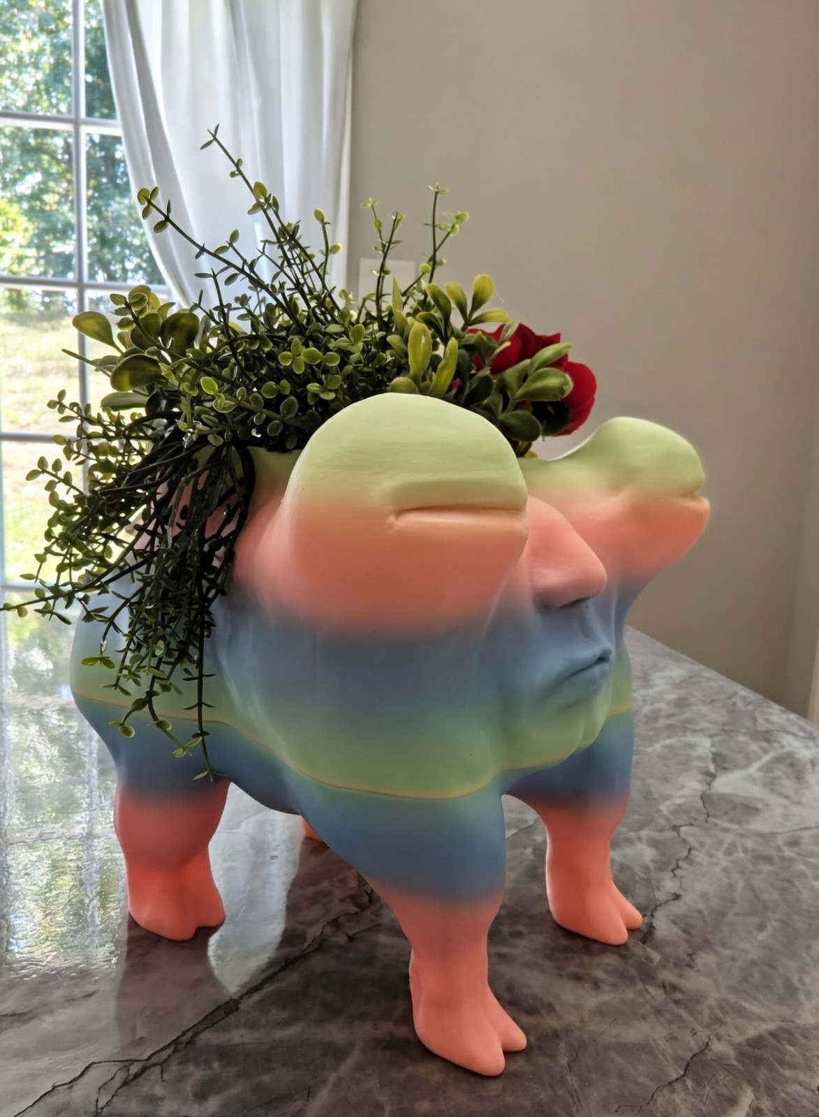 Whimsical Rainbow Dog Planter with Human Face