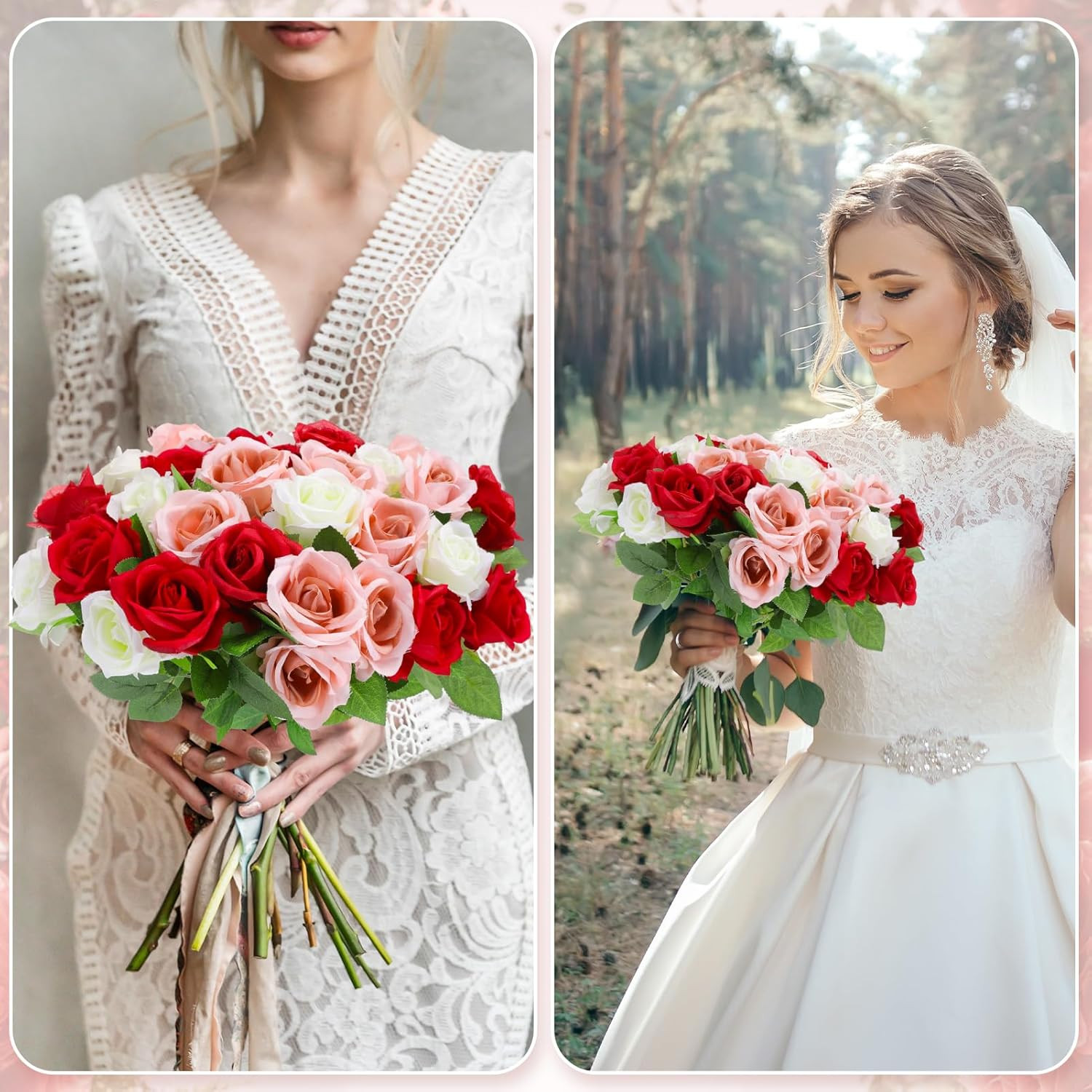36 Pcs Red White Pink Artificial Roses with Long Stems, Fake Silk Rose Artificia