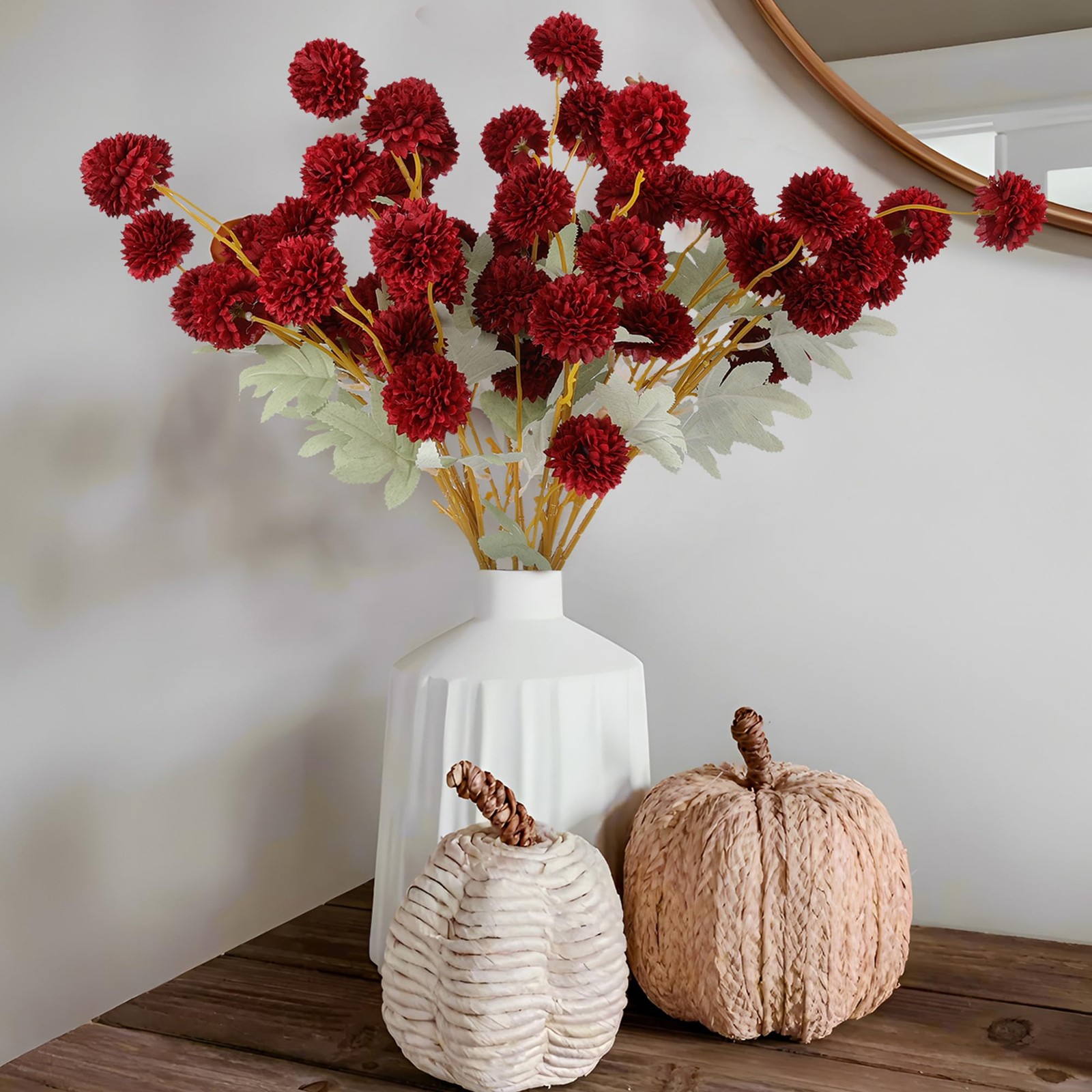12 PCS Burgundy Red Kiku Pom Pom Chrysanthemum Artificial Flower Fall Decor