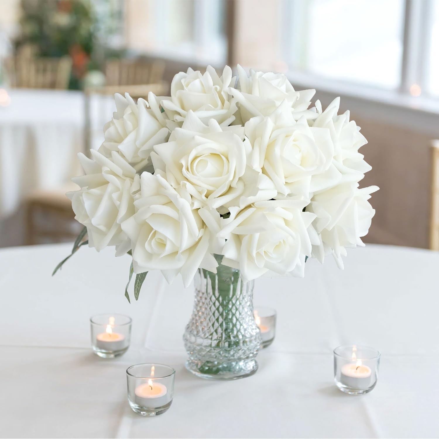 White Flowers Roses Artificial Flowers, 10pcs Soft Real Touch Silk Artificial…