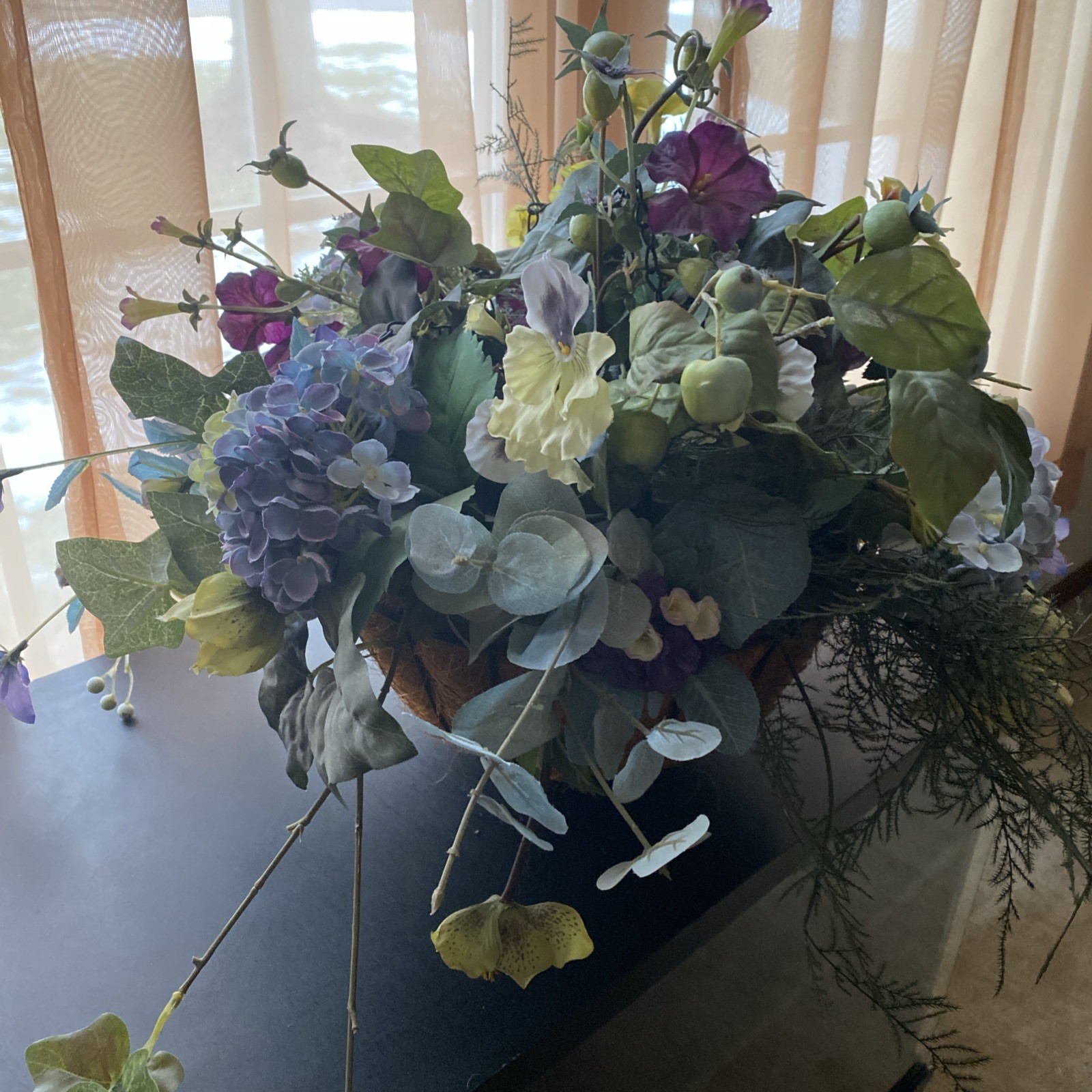 Artificial Hanging Flowers In Basket Silk Vine Plants Flower w/ Flowerpot Basket