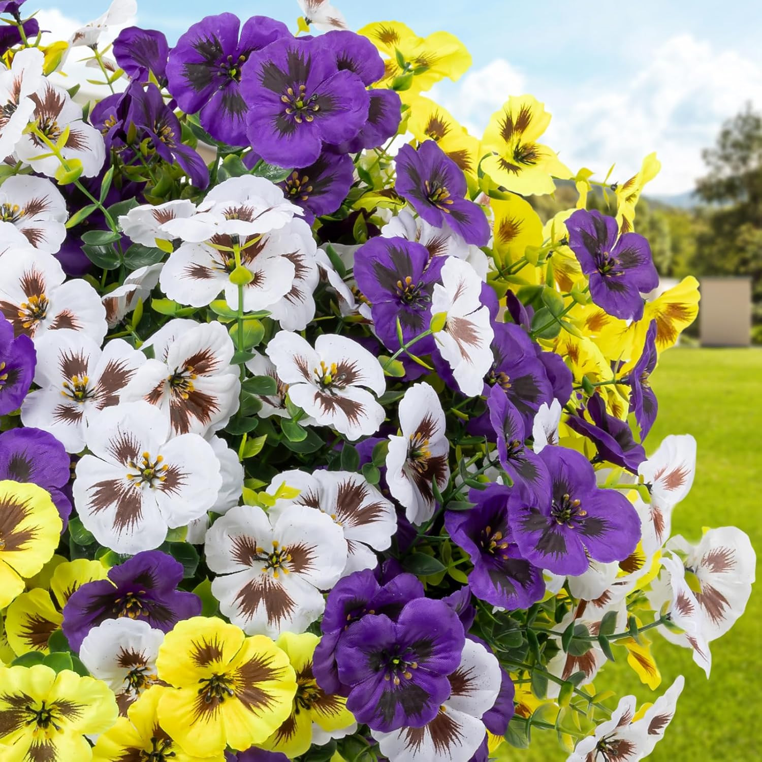 24 Pcs Artificial Fake Pansy Flowers for Outdoor,Faux Silk Plants Flowers UV Res