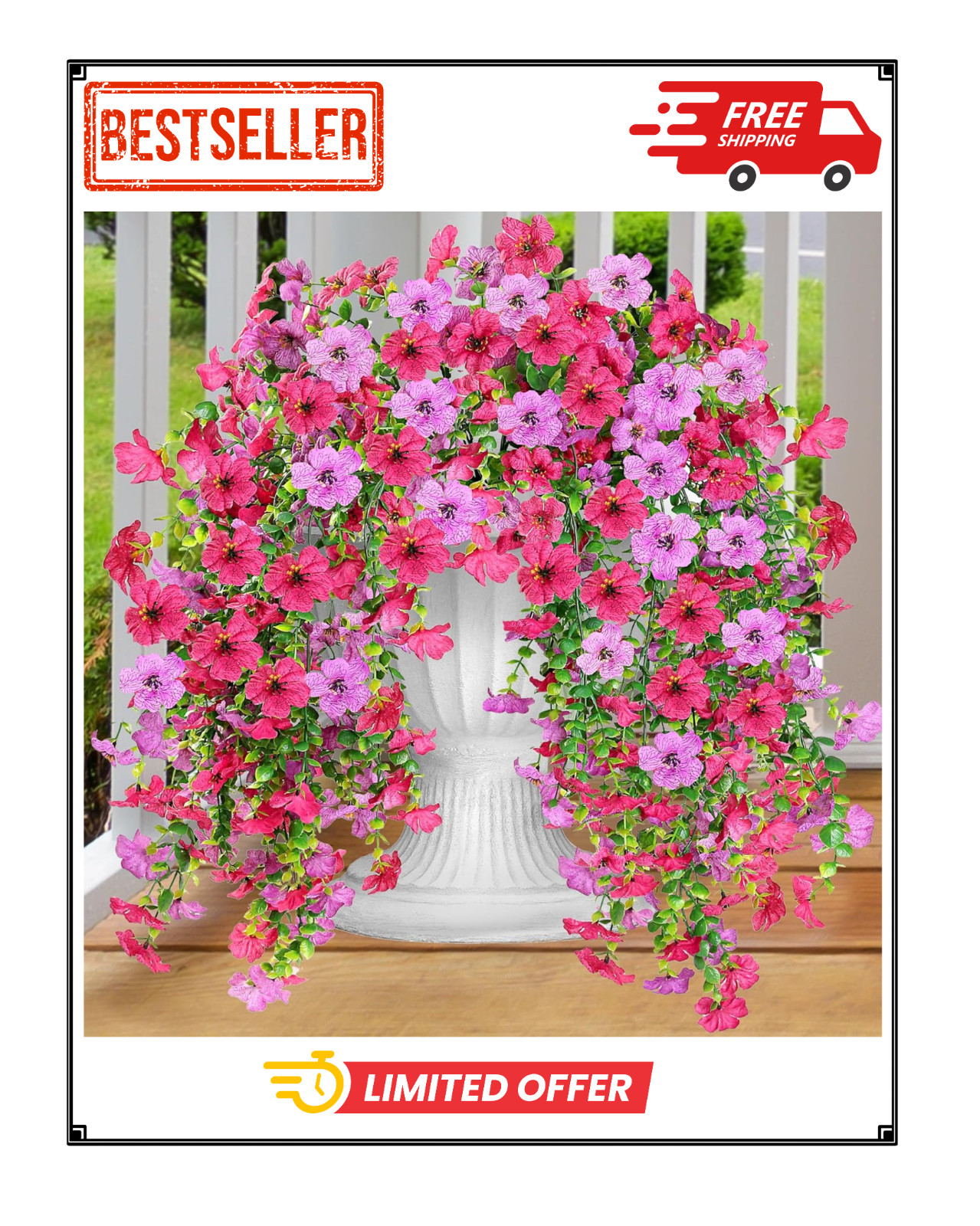 Artificial Fake Hanging Flowers Plants for Outdoor Outside 2PCS Hot pink-Magenta