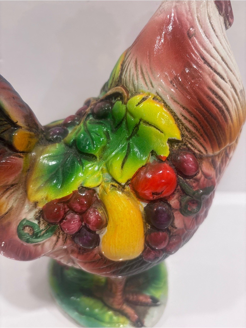 Vintage Ceramic Rooster Figurine Fruit Decor Hand Painted Farmhouse Country 9.5”