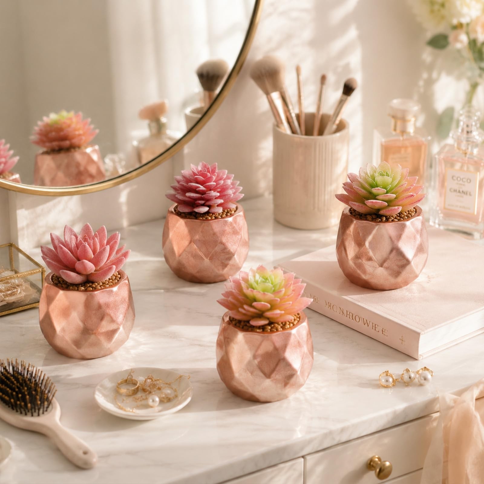 4 Pack Artificial Faux Succulents in Pots, Mini Rose Gold Fake Plants for Des…