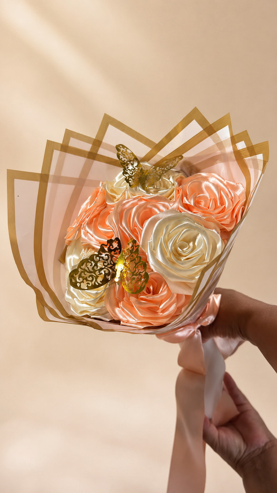 NORELD 20 Satin Rose Bouquet Peach Ivory Gold Butterflies Handmade Gift