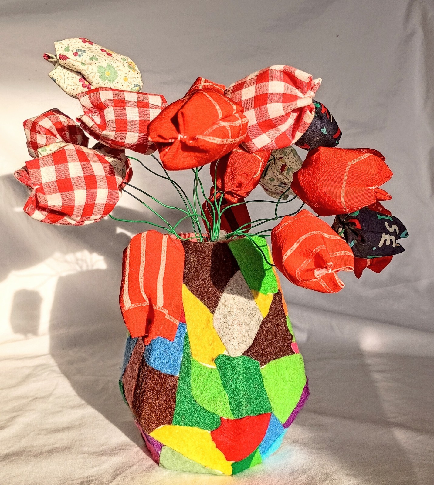 Vintage Nigerian Folk Art Felt Fabric Flowers Handmade Bouquet of Tulips, Africa