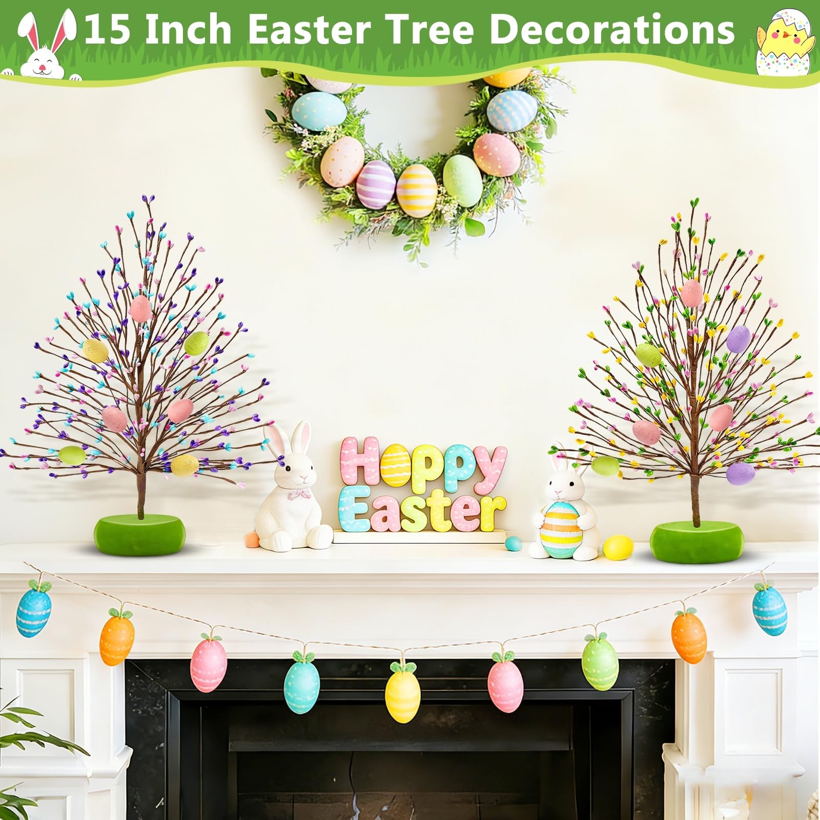 Easter Decorations 2 Pack Easter Tree with 14 Pastel Eggs Ornaments and Floral..