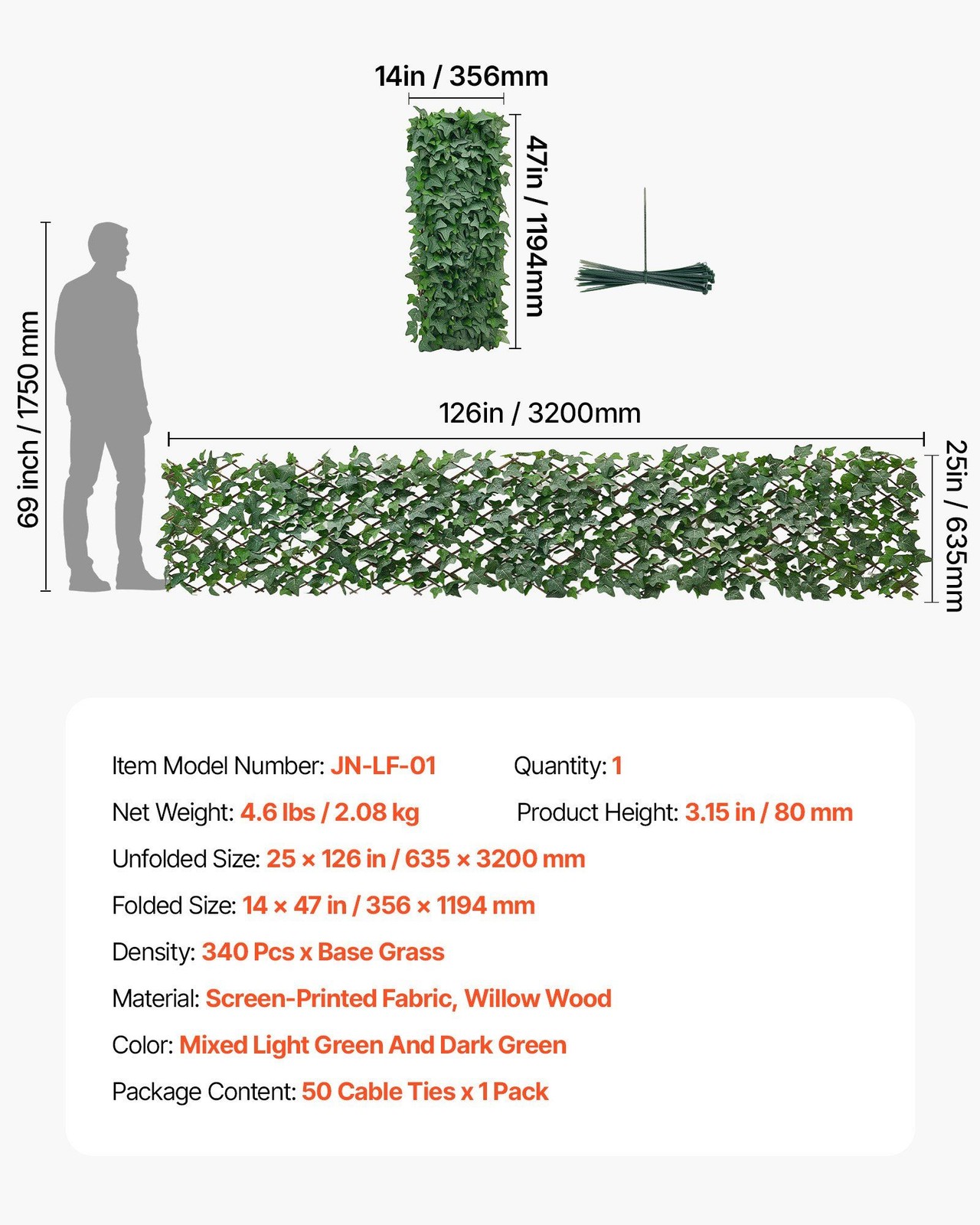 25x126in Foldable Ivy Wall — Lifelike Faux Greenery, UV-Resistant for Patio Use