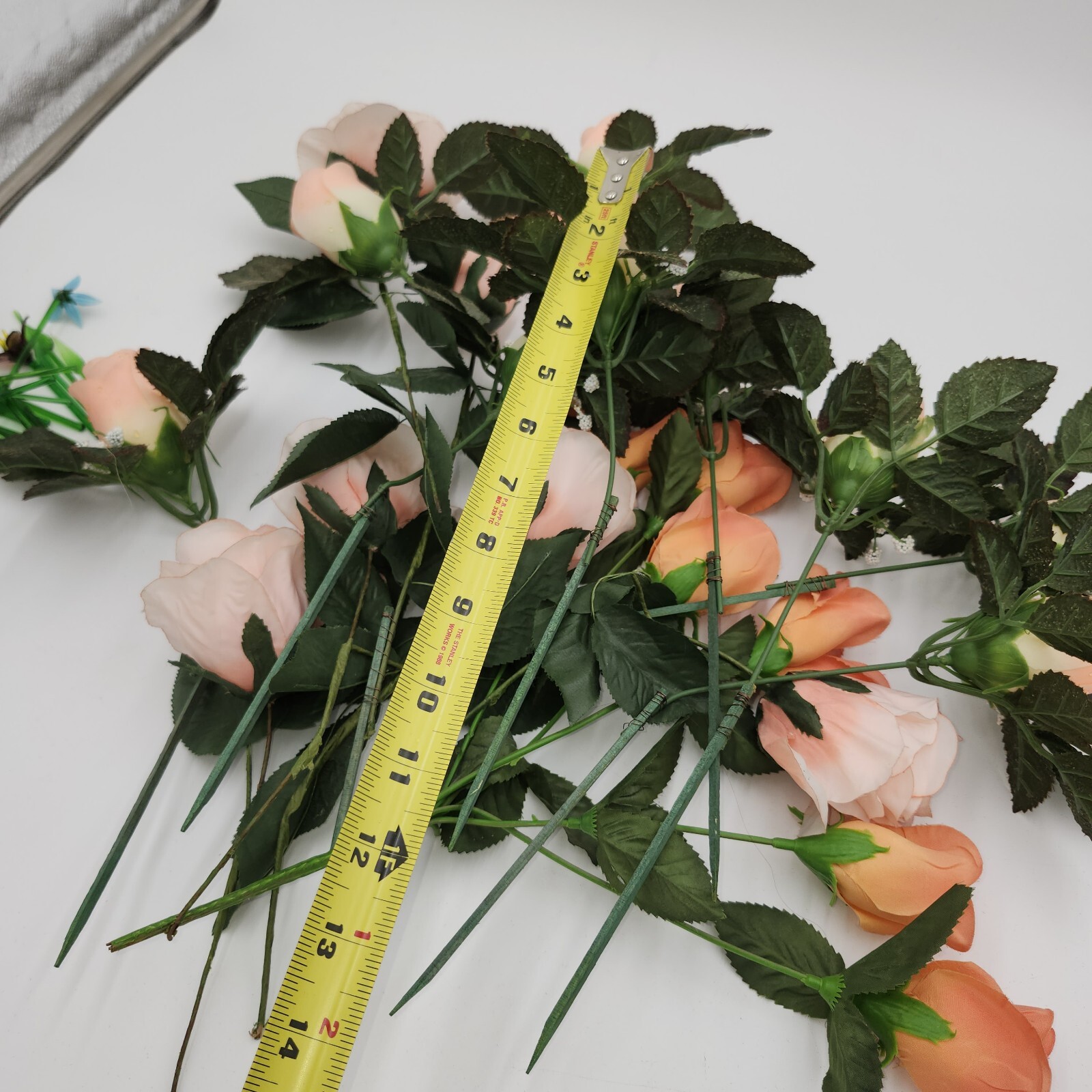 vintage faux fake artificial flowers peach roses w/raindrops 16″