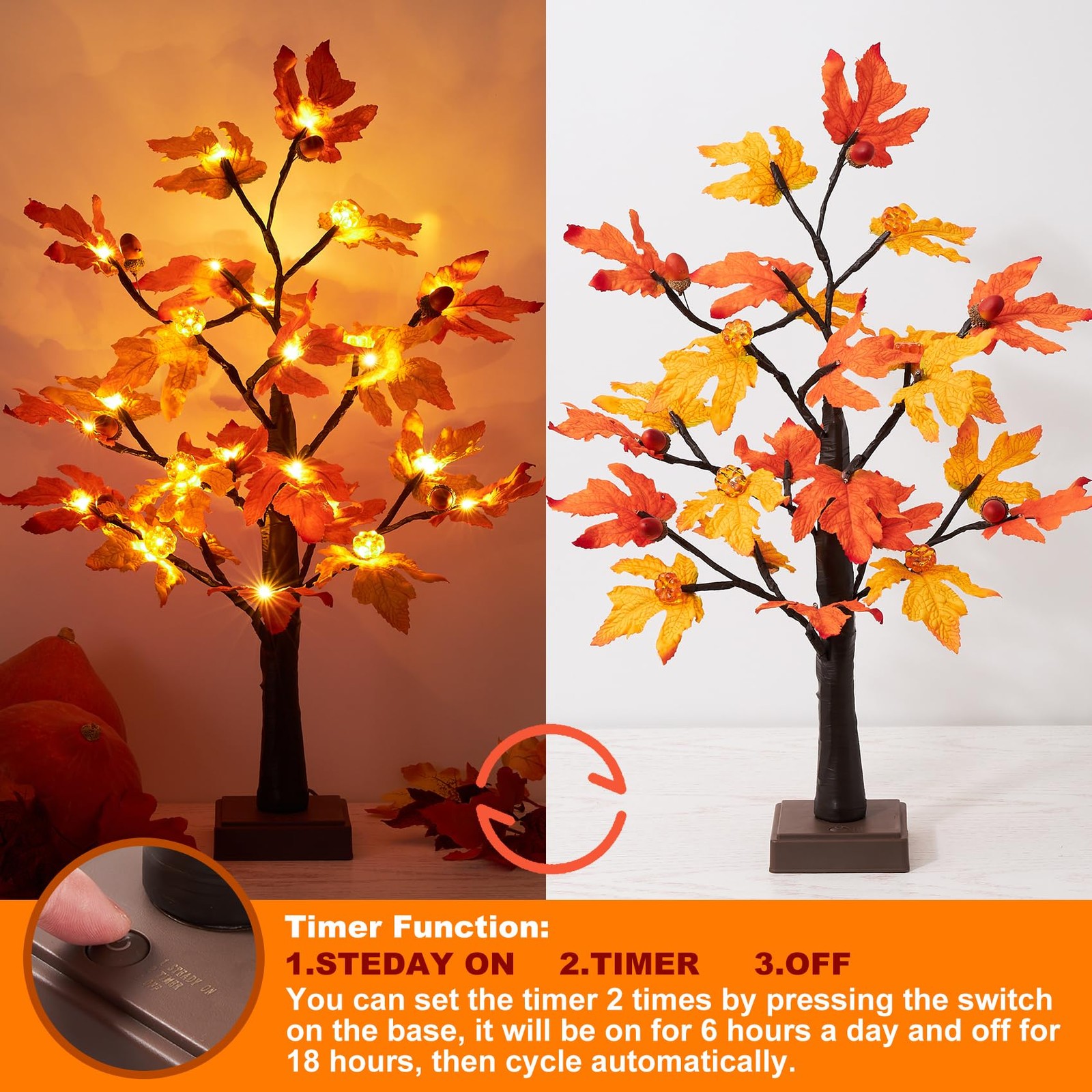 Fall Maple Tree Lights 2 Pack 24 Inch 48 LED Pumpkin Acorn Timer Battery USB