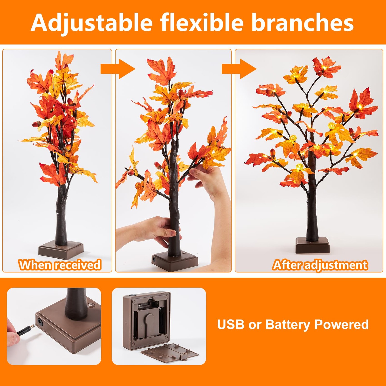 Fall Maple Tree Lights 2 Pack 24 Inch 48 LED Pumpkin Acorn Timer Battery USB