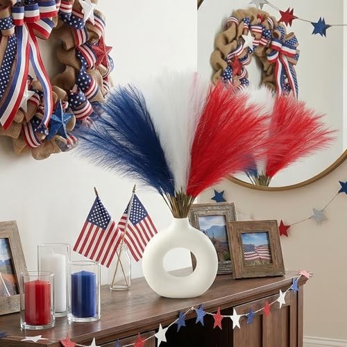 50pcs Faux Pampas Grass Decor, 21.6″ Short Artificial 50 PCS Red Blue White