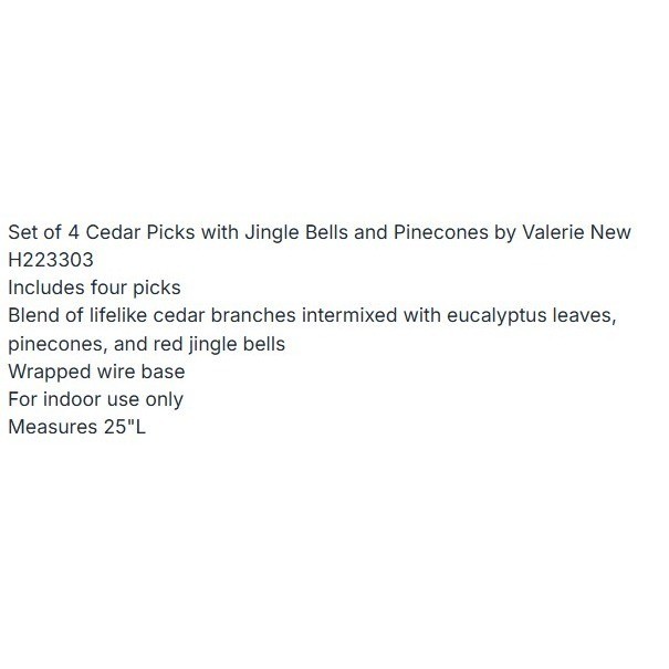 Valerie Parr Hill Set of 4 Cedar Picks Jingle Bells Pinecones Green Red H223303