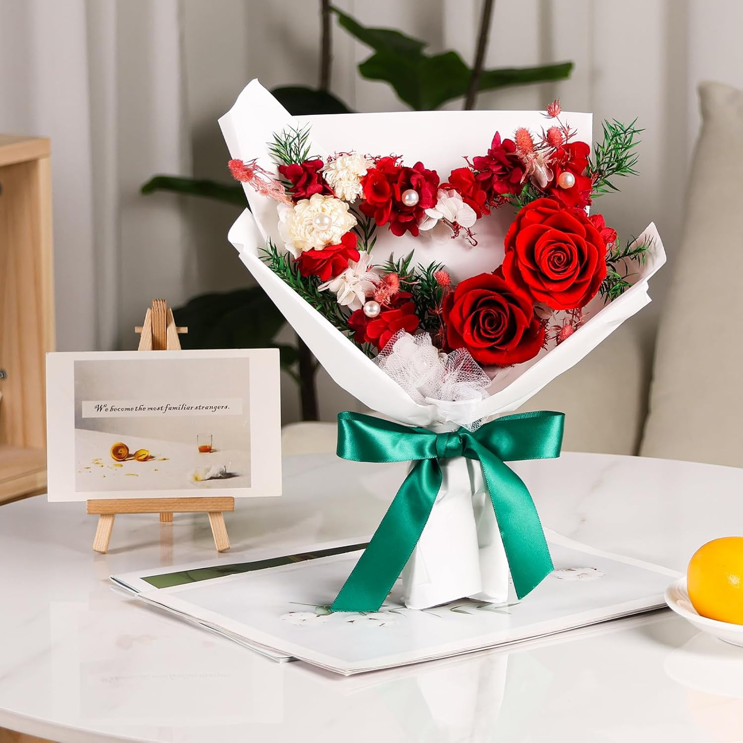 Forever Flowers Preserved Flower Bouquet Red Roses Heart Shape Natural Real Long