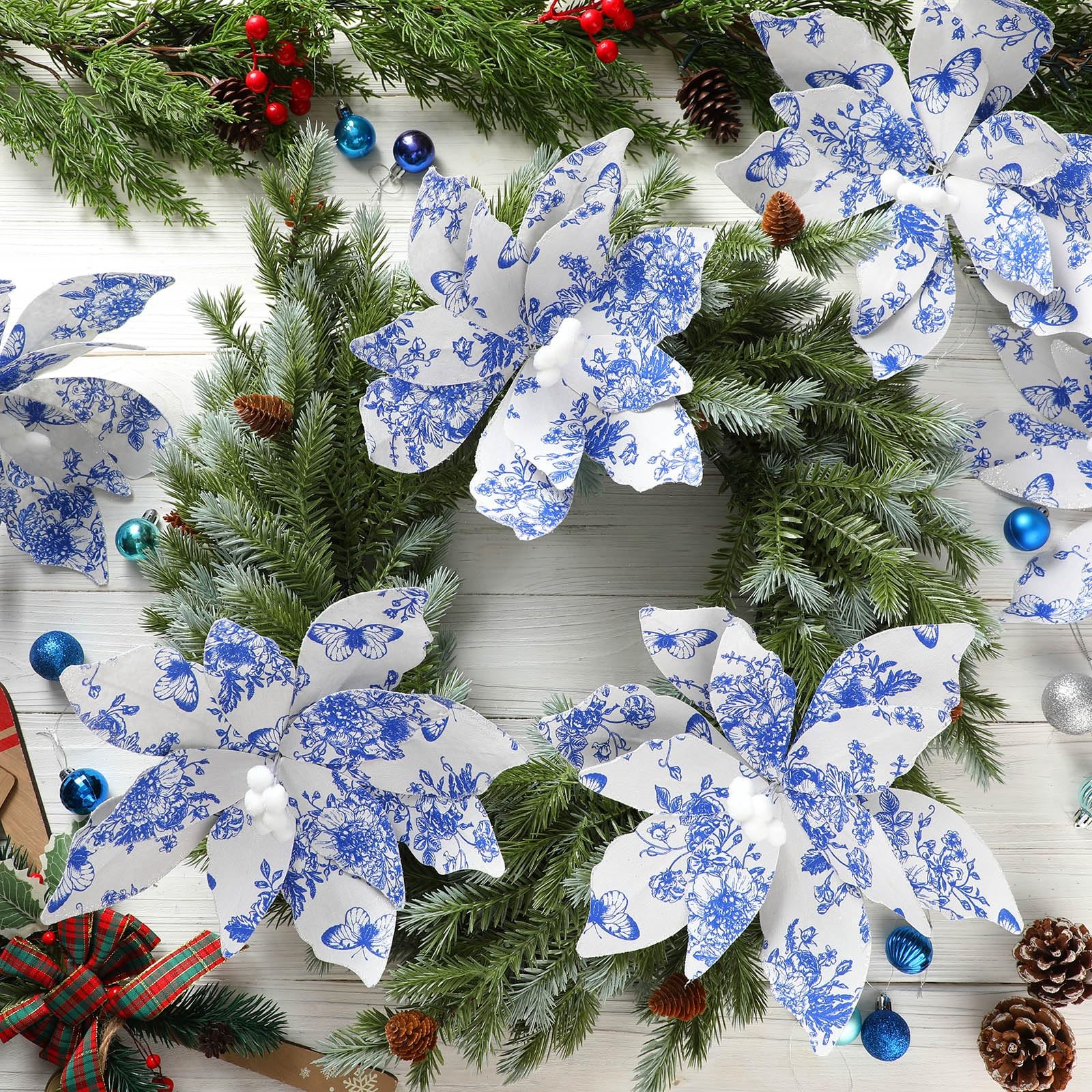 8 Pcs Chinoiserie Christmas Large Decorations for Tree 10.6 Inch Blue White C…