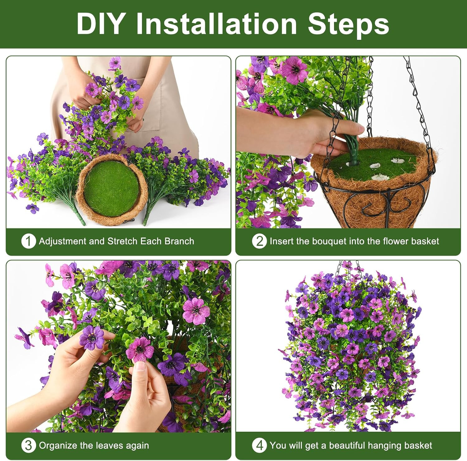 UV Resistant Faux Hanging Flowers Baskets for Outdoor Spring Decor – Mix Purple