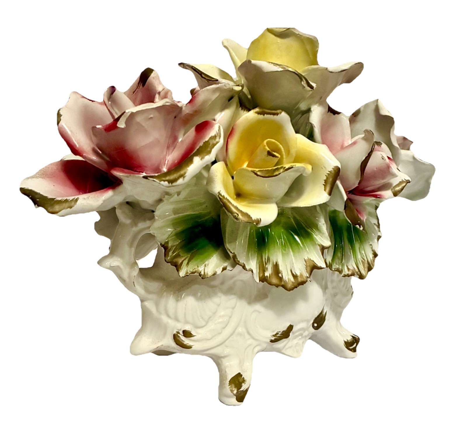 Vintage Capodimonte Italian Porcelain Pink and Yellow Seven Rose Centerpiece