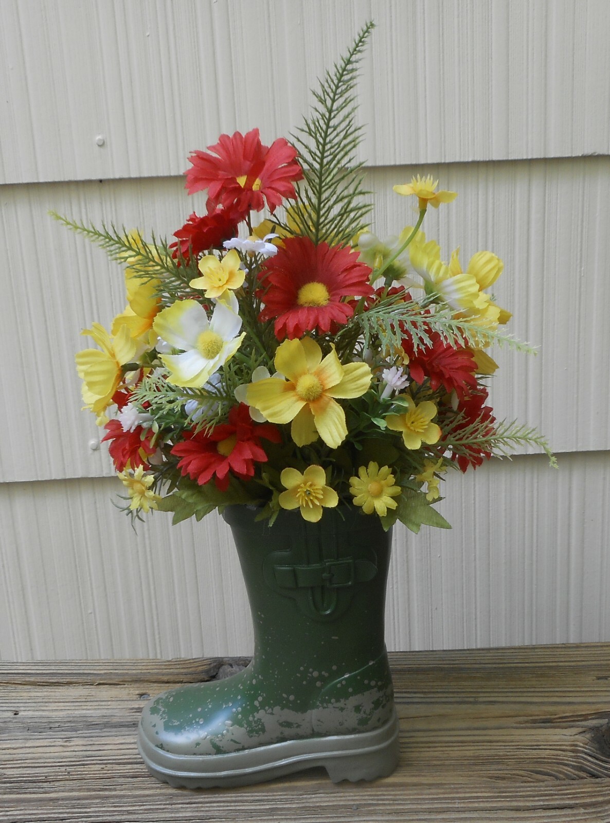 14″ tall Yellow Red Floral Ceramic Green Rain Boot Vase Summer Table Arrangement