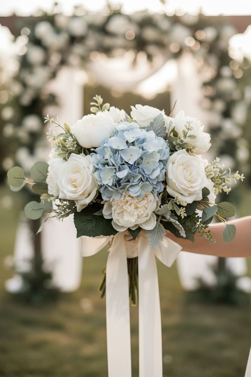 Soft Blue Faux Hydrangea Stem 18 Inch Wedding Artificial Silk Flower Large Bloom