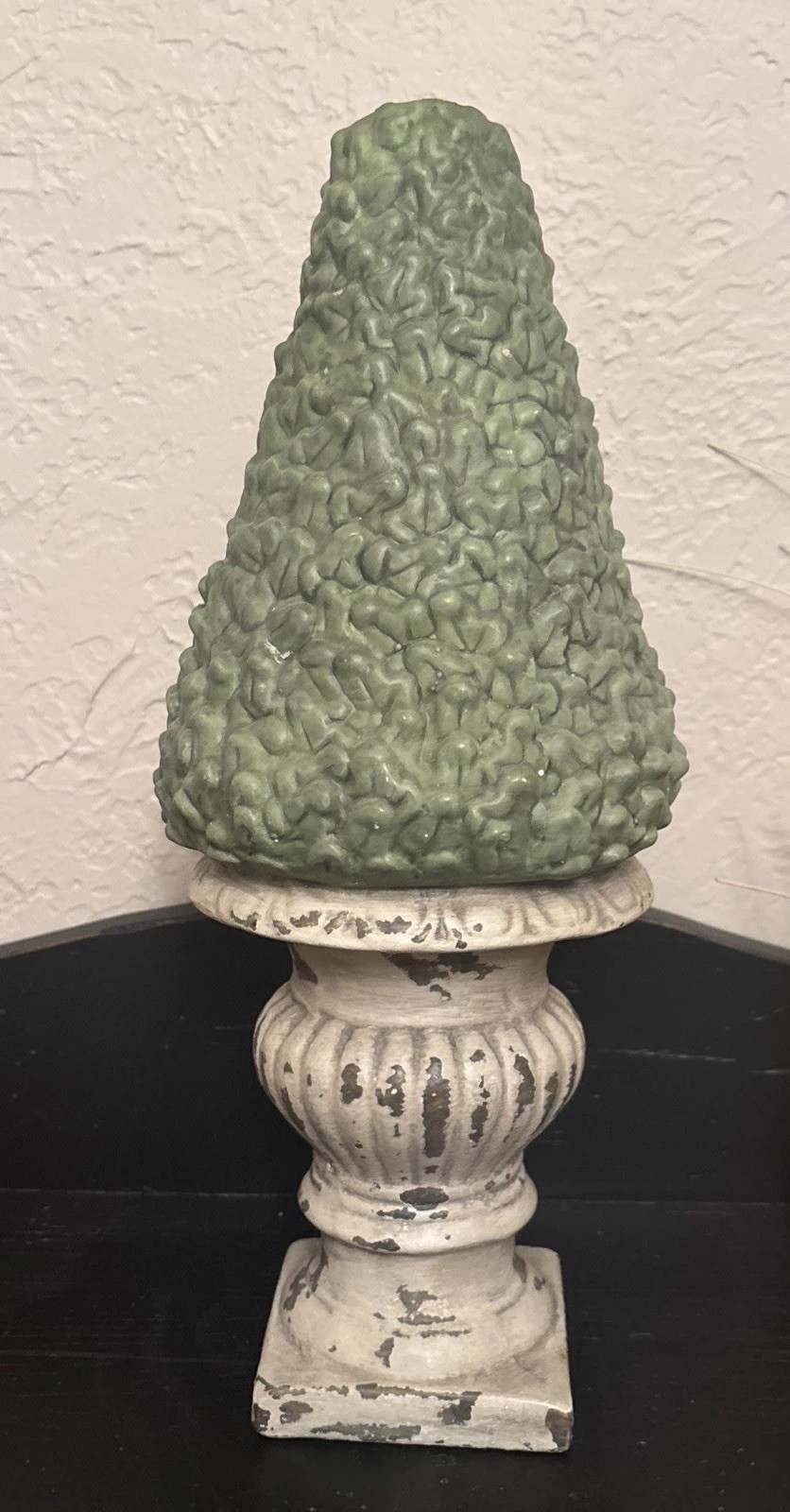 Terracotta Ceramic Cone Topiary 14″ Vintage Chippy Green Cream Urn
