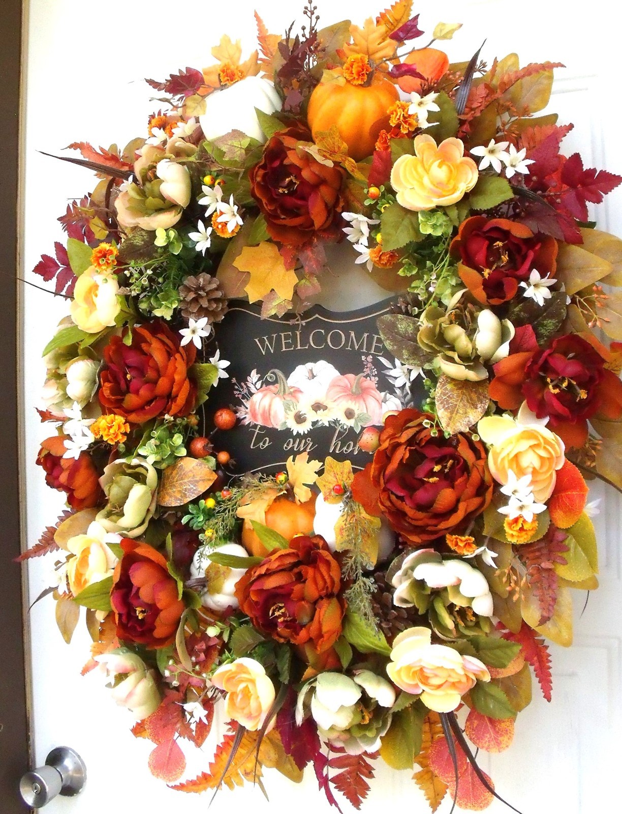 Fall Door Wreath, Thanksgiving Autumn Peony Pumpkin Wreath, Sage Orange Rust