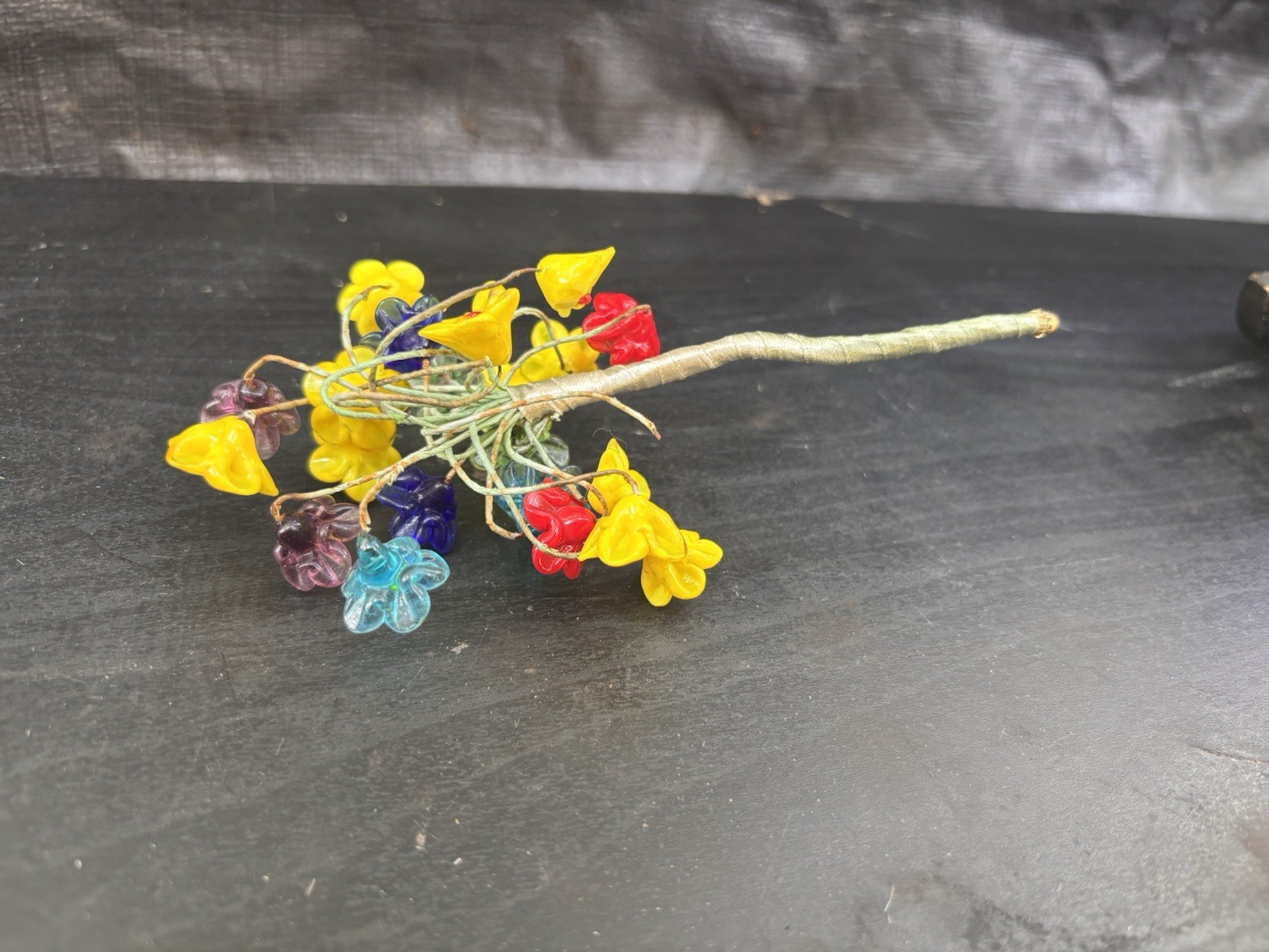 20 Mini Czech Glass Flowers Wire Stem Bouquet Red Blue Yellow Green Purple