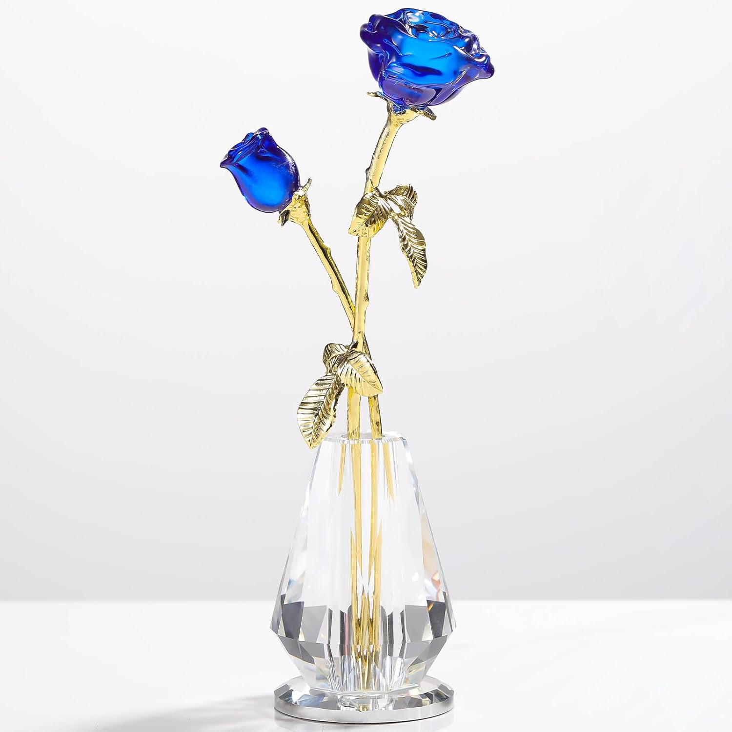 Crystal Rose Flowers Figurines Home Decor, Blue Glass Flowers with Stems, Collec