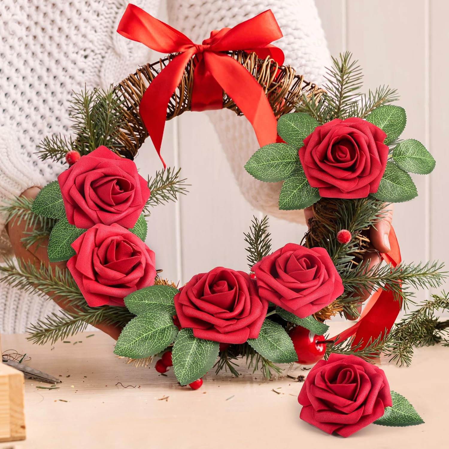50 Pcs Artificial Flowers Red Roses Bulk, Real Looking Foam Fake Roses with Stem