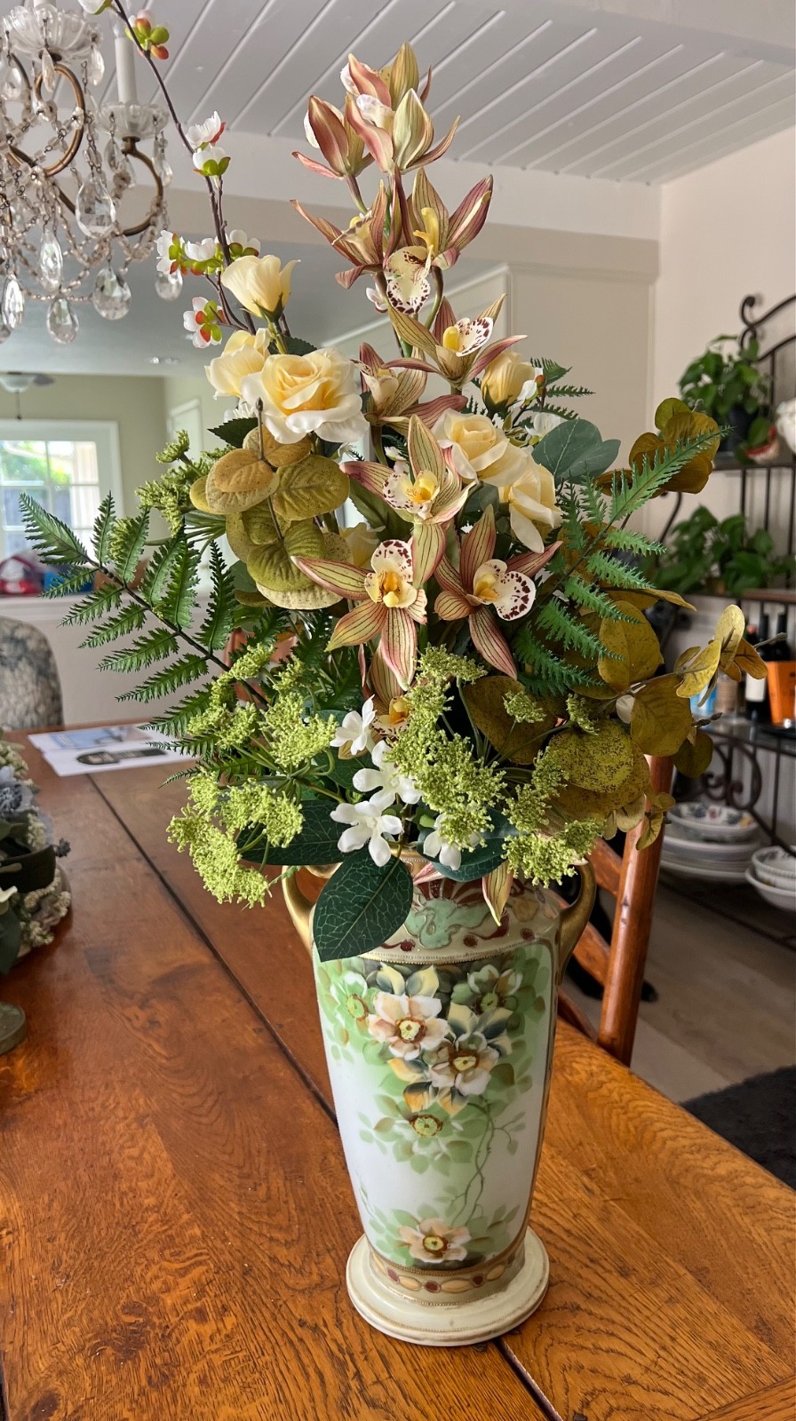 Silk Faux Floral Arrangement In Vintage Nippon Vase Gold – Celedon hand painted