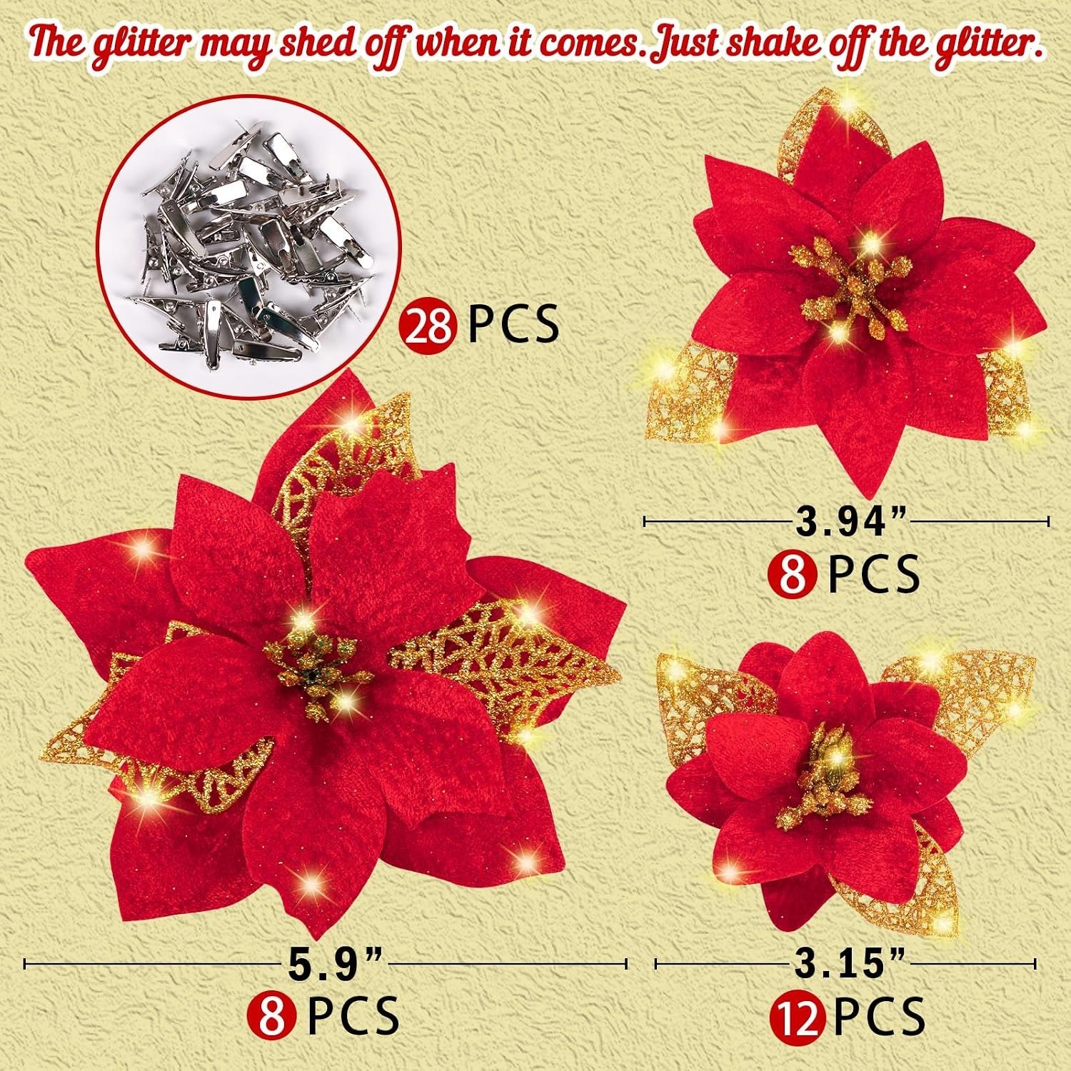 28PCS Christmas Tree Decorations: Poinsettias Artificial Flowers Ornaments Xm…