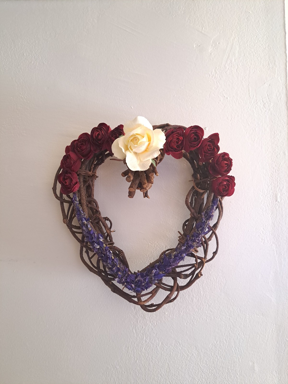 Handmade Red, White & Blue Willow Heart Flower Arrangmt. w/ Dried & Silk Flowers