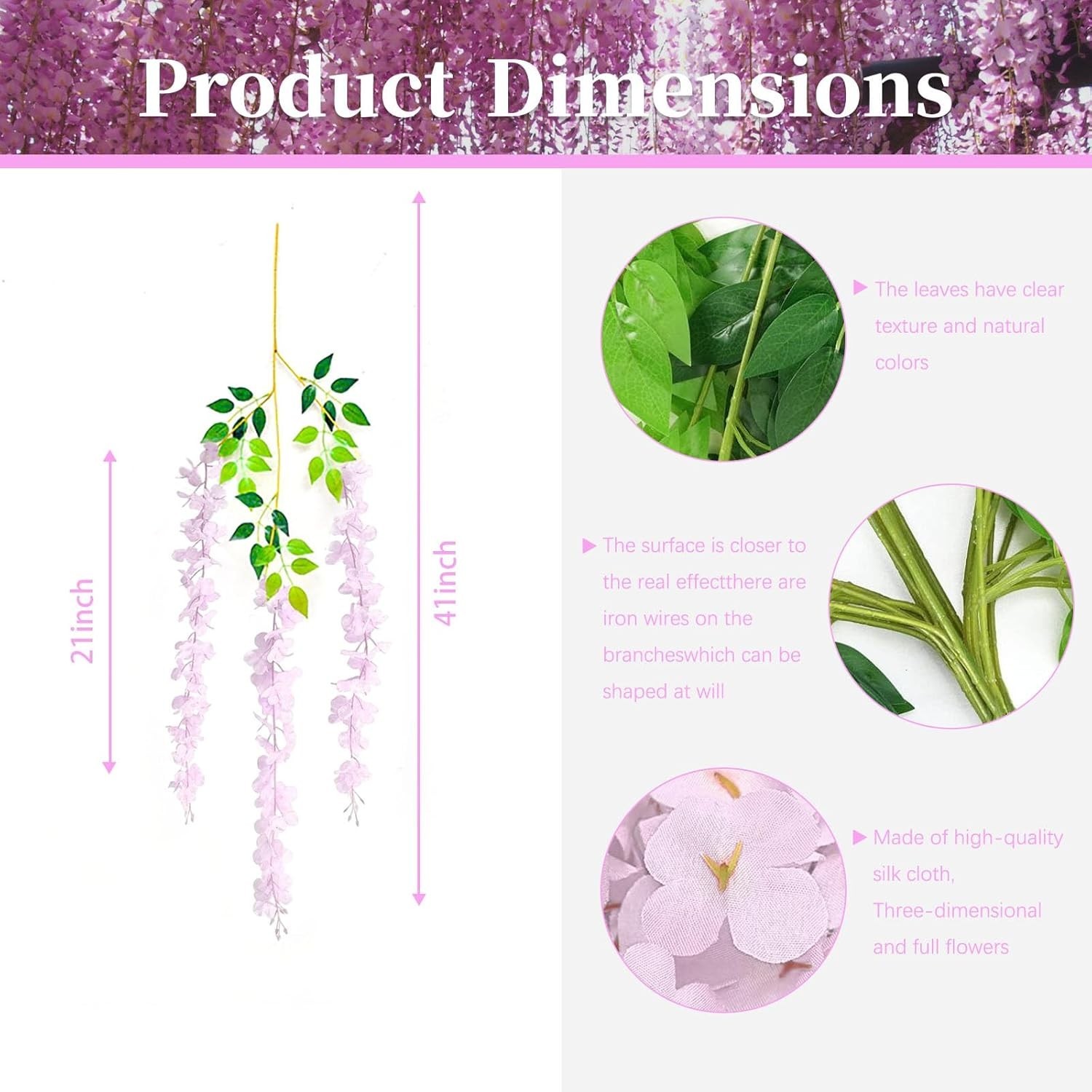 36 Pack Pink Wisteria Hanging Flowers, 3.44 Ft Fake Hanging Flowers, Artificial