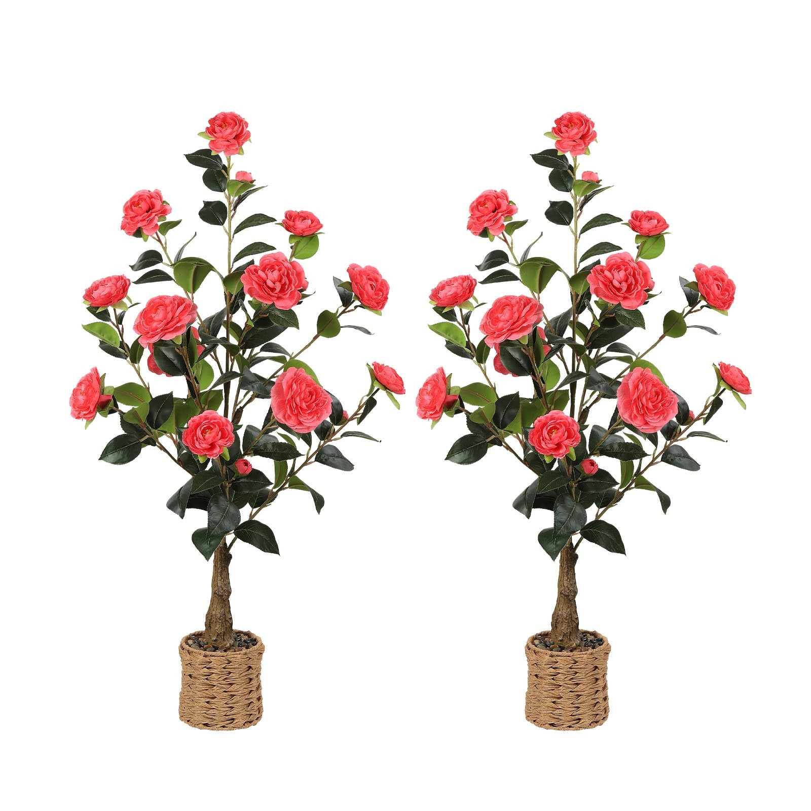 2Pack Artificial Camellia Tree, 3Ft Faux Pink Camellia Plant in Pot, Fake Out…