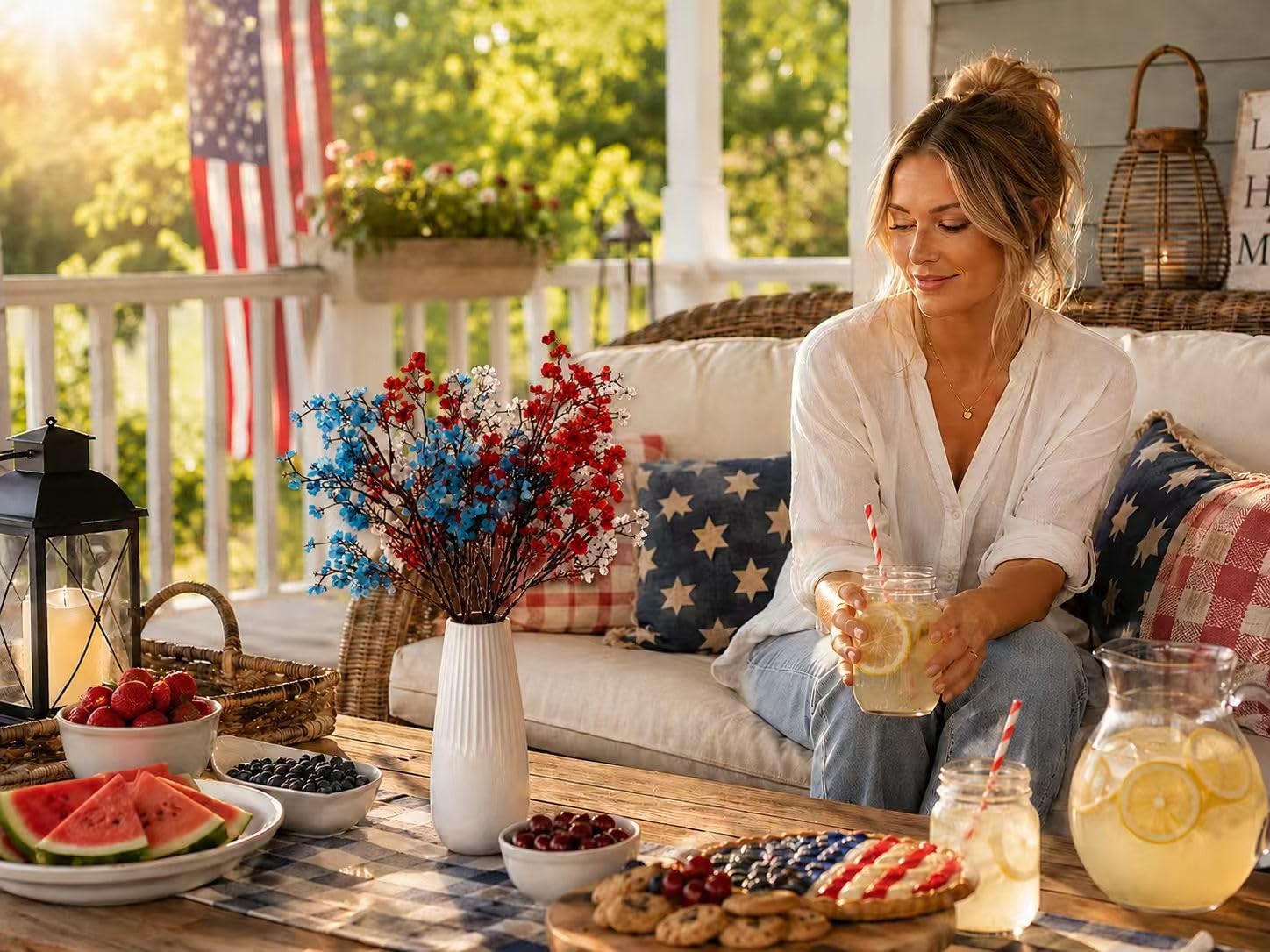 6 Bundles Patriotic Red White Blue Silk Baby’s Breath, 18.5″ Artificial Flowe…