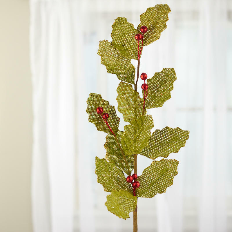 Green Burlap Holly Leaf Sprays with Red Glitter Berries | 2 Sprays | for In