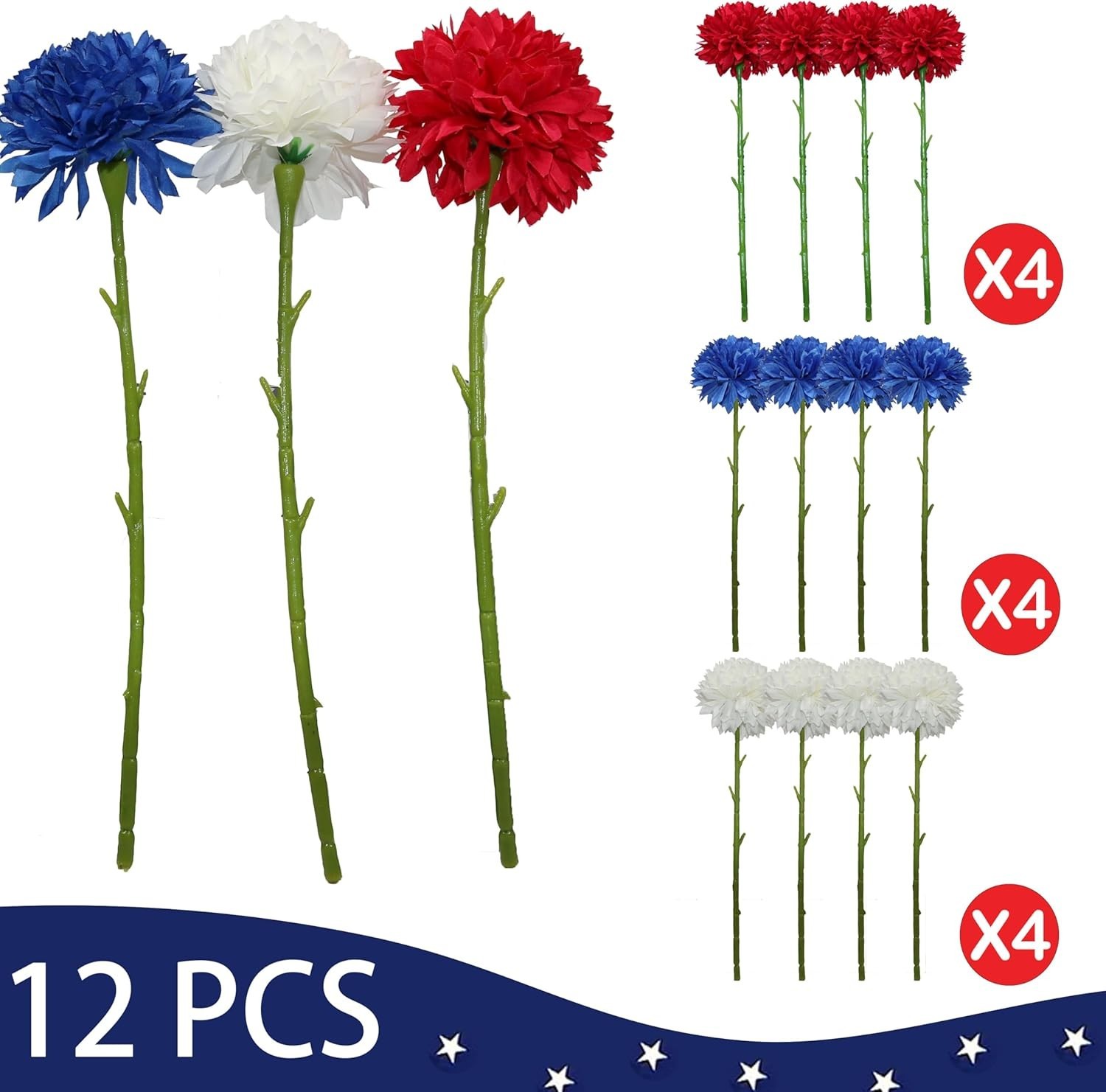 Patriotic 12-Pc Faux Chrysanthemum Bouquet in Red, White, and Blue for Events