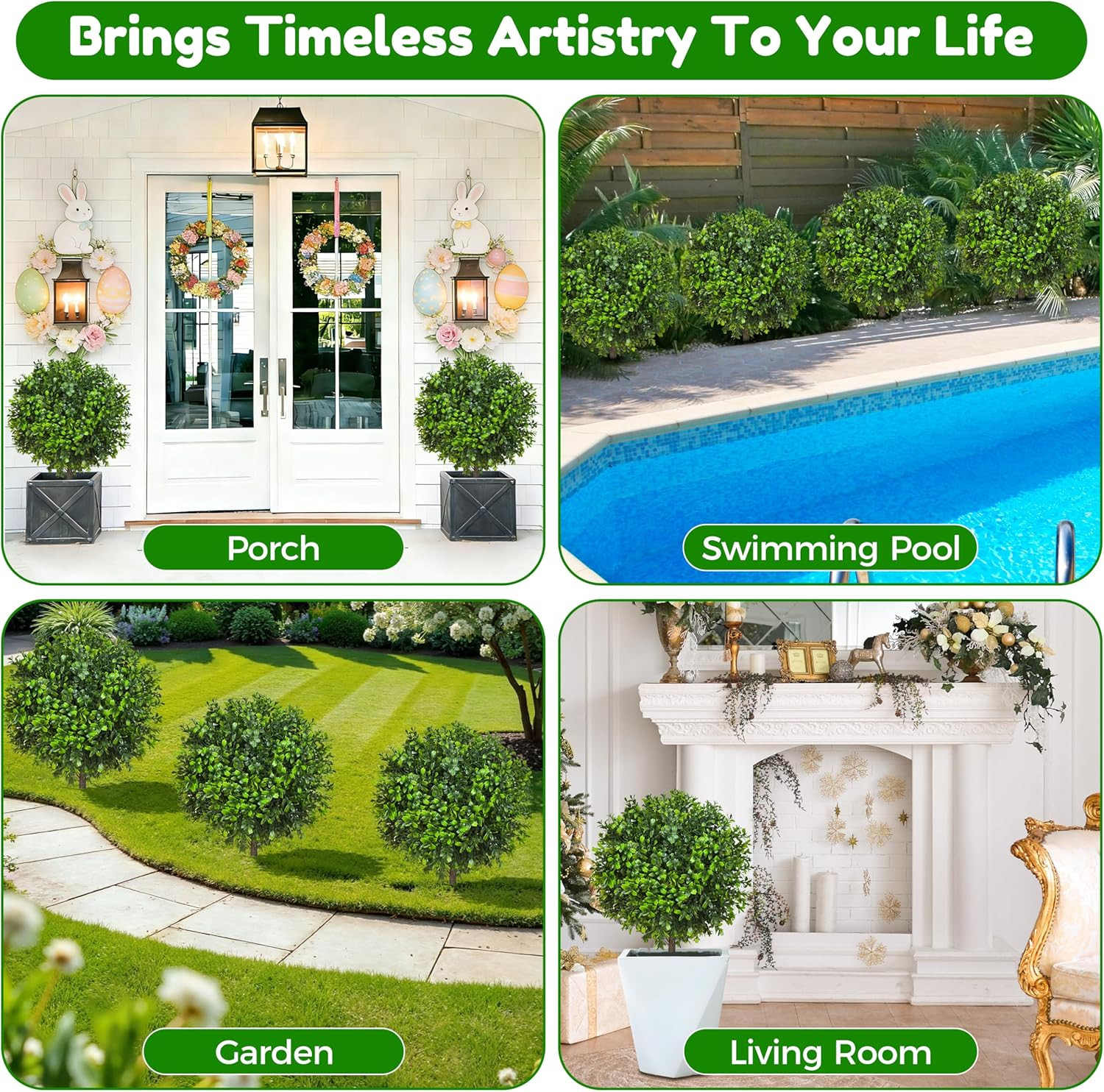 21.6 Inch Artificial Boxwood Topiary Bushes, Set of 4 Fake Shrubs, UV Resistant