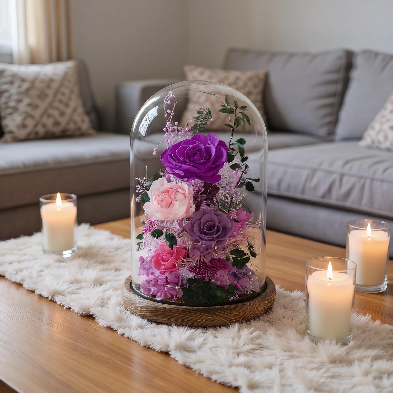 Flower Delivery: Fresh roses in a glass dome, purple roses (preserved flowers)
