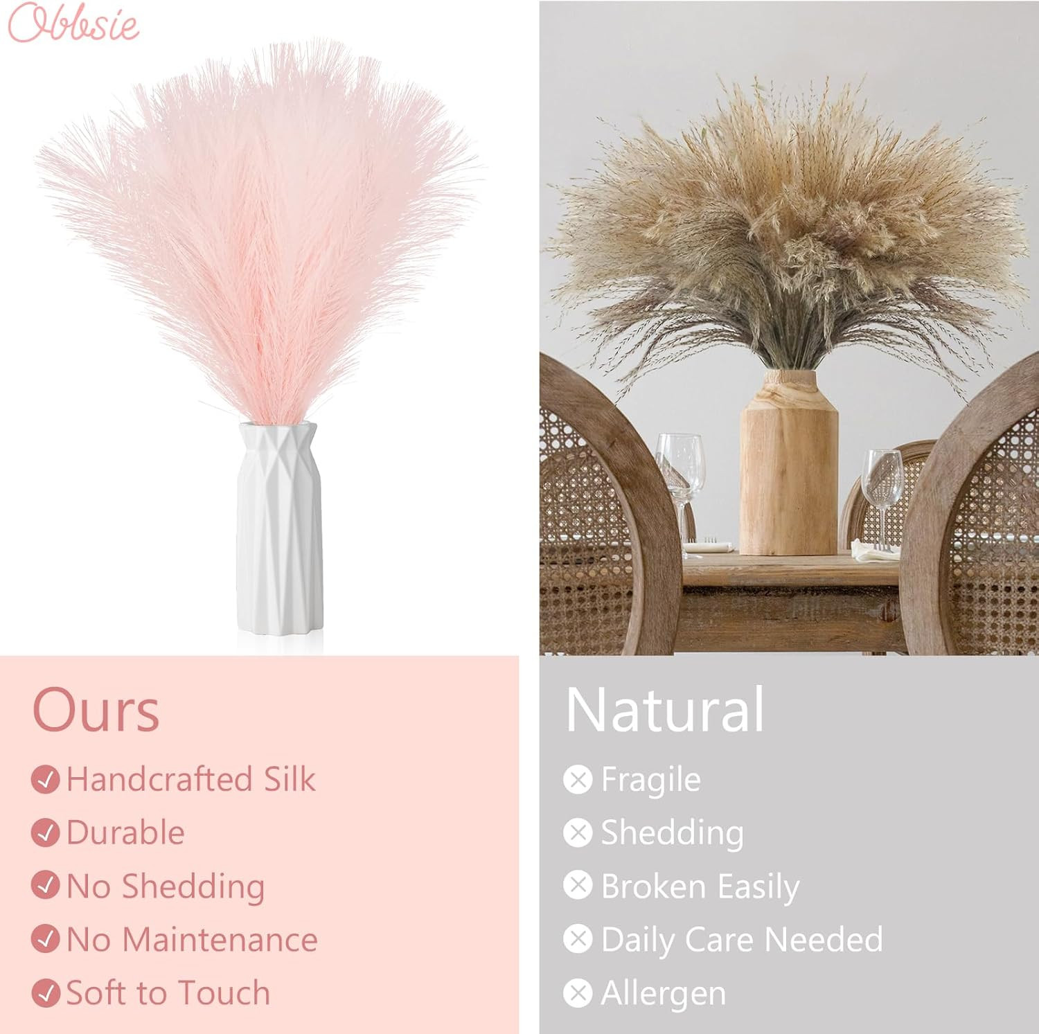 50Pcs Pink Faux Pampas Grass Decor, 21.6″ Short Artificial Floral Branches Vase