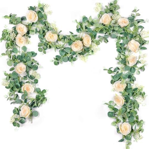 2 Pcs 13FT Artificial Floral Garland, Champagne Rose Flower Champagne 2 Pcs