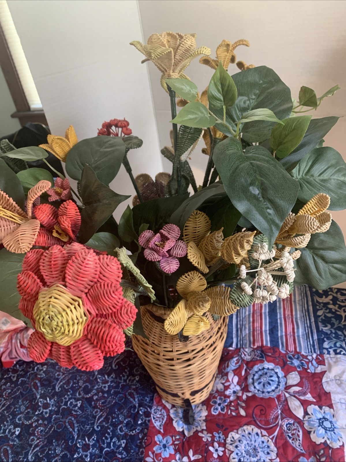 Handcrafted RARE Artificial Flowers Made of Wicker Rattan- Vintage READ